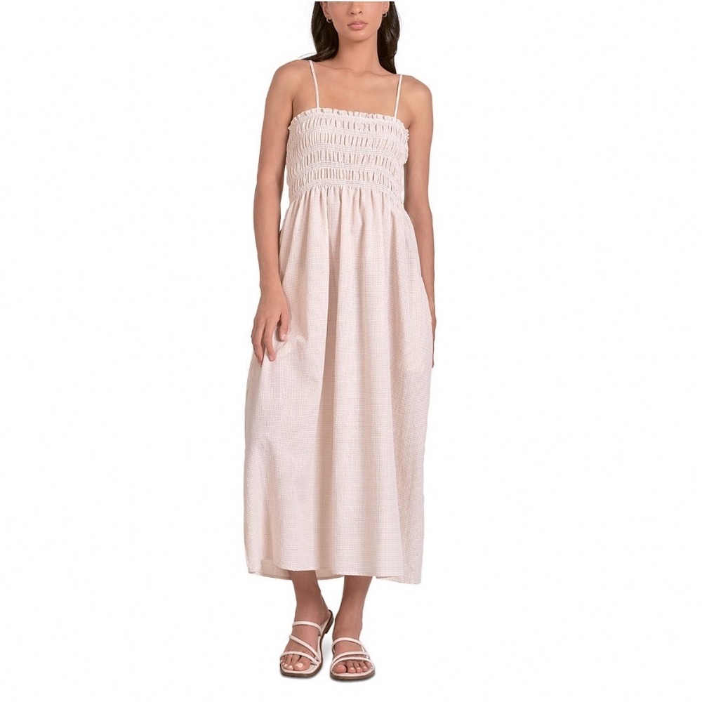 Elan Tan Seersucker Smocked Maxi Dress Square Neck Adjustable Straps NWT Size L